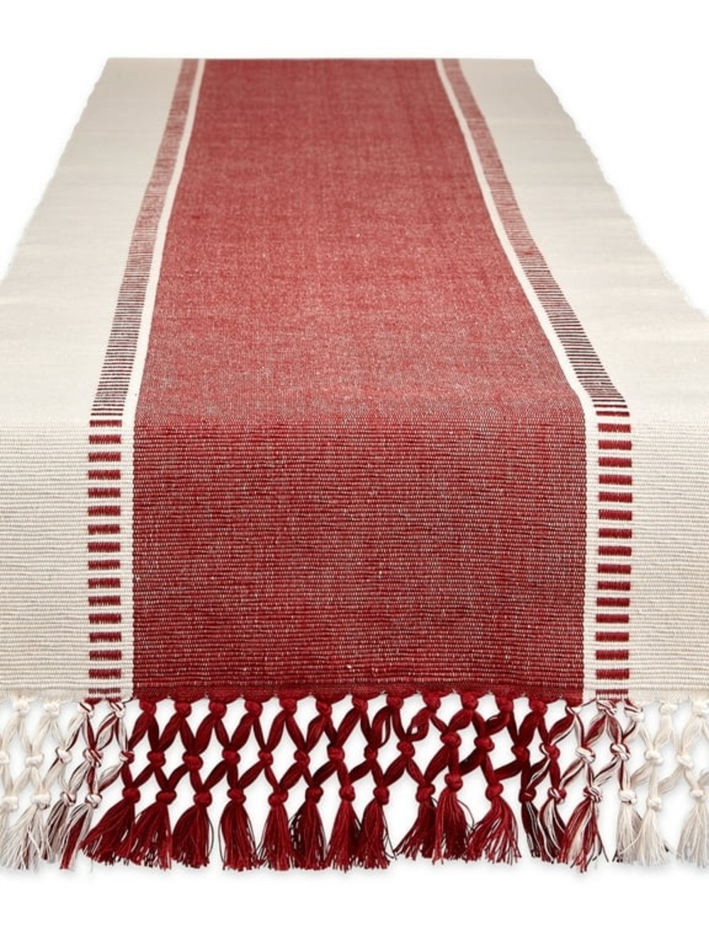 Woven Red and Cream Table Runner with Fringe